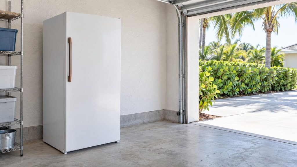 A bright South Florida garage with a white upright freezer against a pale stucco wall, a roller door open onto a driveway and palms, concrete floor.