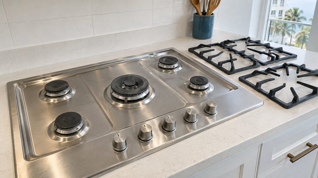 Cast-iron burner grates lifted off a stainless gas cooktop and set on a light counter beside the exposed burner heads, bright daylight.