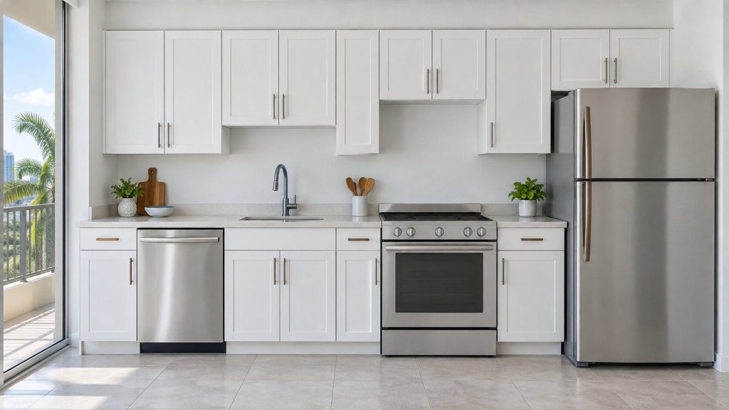 A run of white builder cabinets in a bright condominium kitchen with a stainless dishwasher, a range and a refrigerator all in one line, seen straight on and empty.