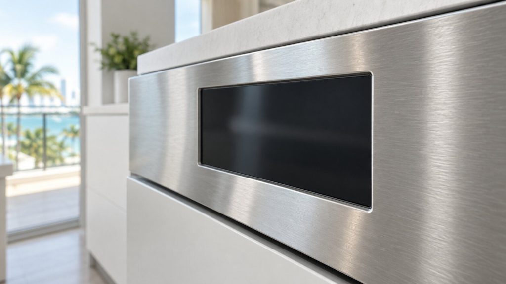 A stainless appliance control panel photographed close and at an angle, its display blank and unlit in bright even daylight.