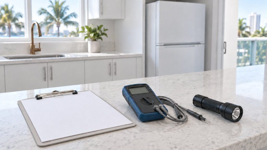 A light quartz counter in a bright kitchen with a clipboard, a multimeter and a torch laid out on it, a white appliance out of focus behind.