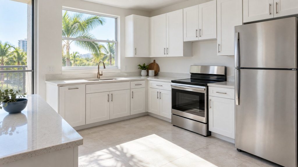 A bright South Florida condominium kitchen seen wide and empty: white builder cabinets, pale quartz counters, a stainless range and refrigerator, a light tile floor, and a window with hard sunlight and palm fronds beyond.