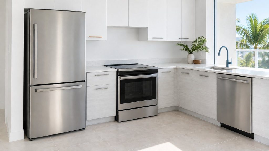 Three appliances of different kinds — a refrigerator, a range and a dishwasher — standing together in a bright showroom-plain white room, seen wide.