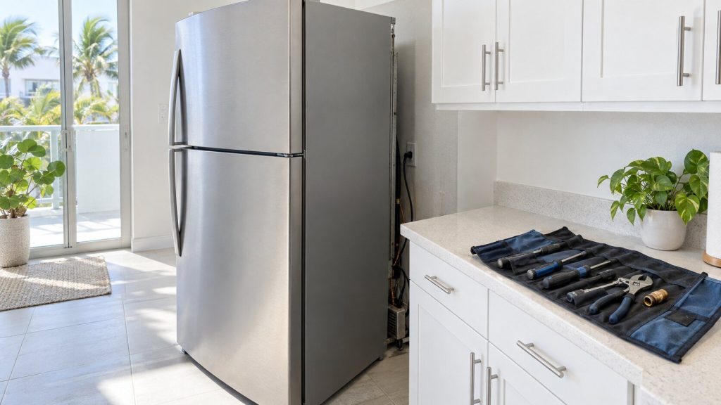 A light kitchen with a tool roll open on the counter and a refrigerator pulled a foot out from the wall, daylight across pale tile.
