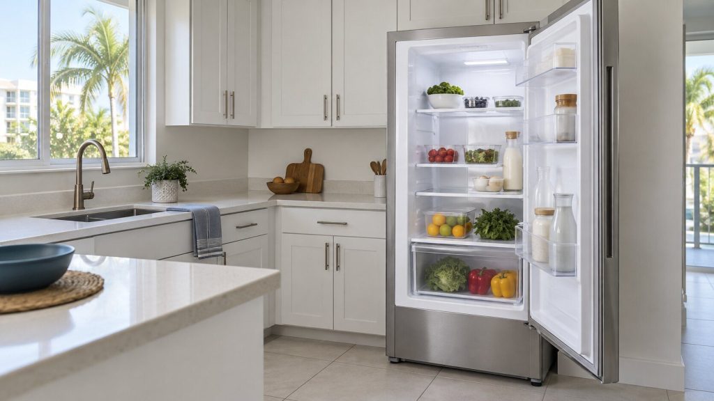 A bright kitchen with a refrigerator door standing open and its interior light on, nothing else disturbed, pale tile floor and hard daylight through a window.