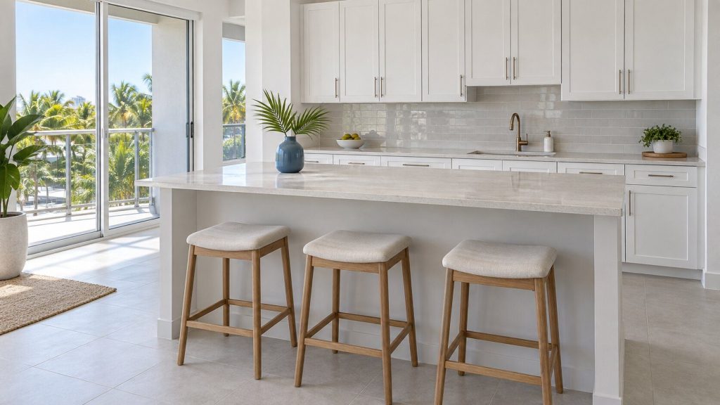 A light stone kitchen island in a bright open room with three plain stools at it and white cabinets beyond.
