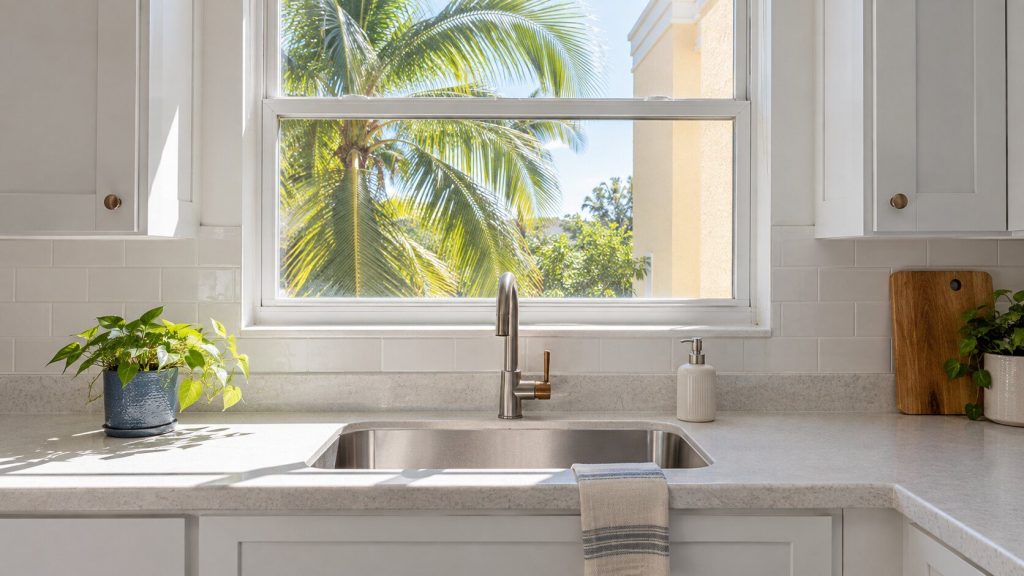 A bright kitchen window over a sink with hard Florida sunlight falling in and palm fronds and a pale stucco wall outside.