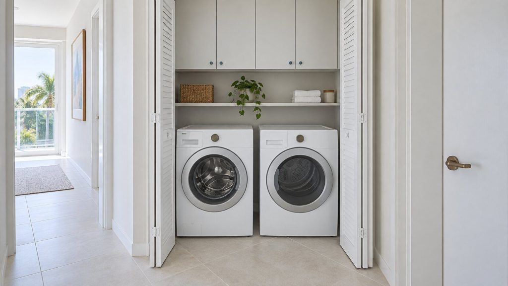 A narrow laundry closet with white bifold doors folded back, a white washer and dryer side by side inside, pale tile floor, bright hallway daylight.