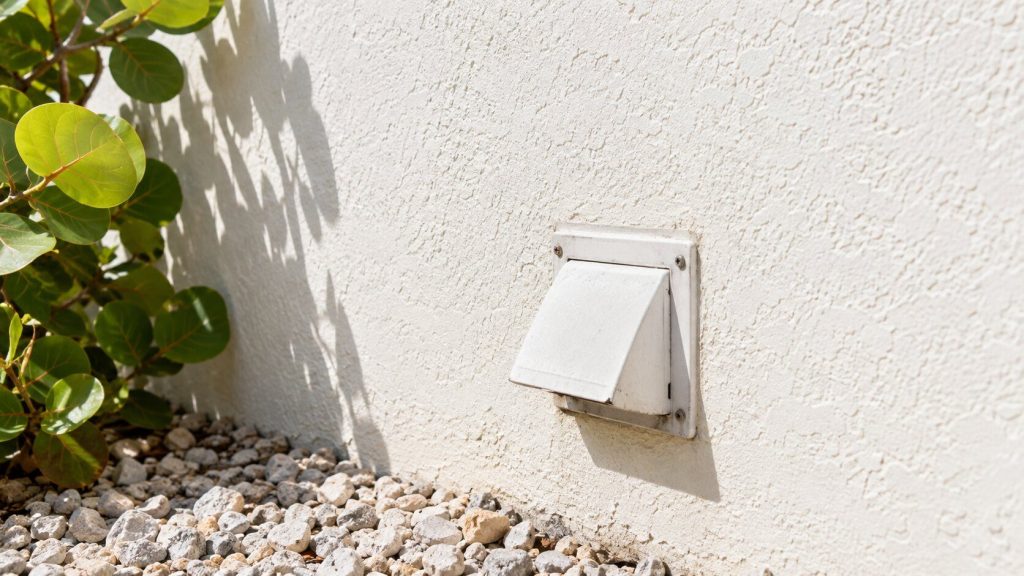 A dryer vent flap low on a pale stucco exterior wall in bright sunlight, sea grape leaves at the edge of the frame.