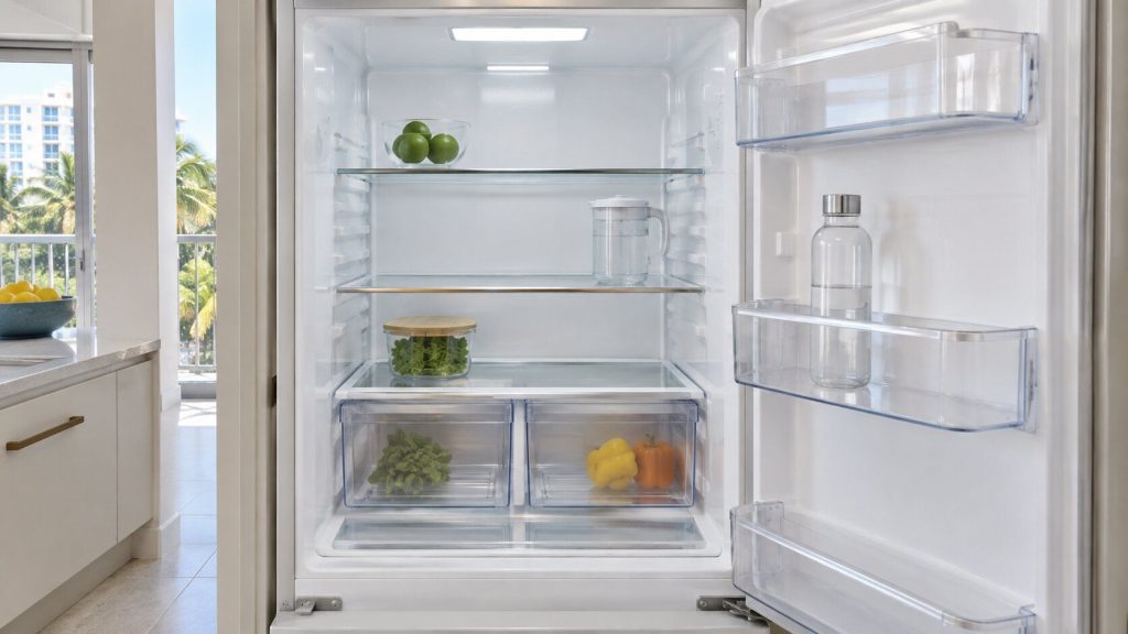 The lit interior of a clean, nearly empty white refrigerator seen straight on with its door open, glass shelves and clear drawers.