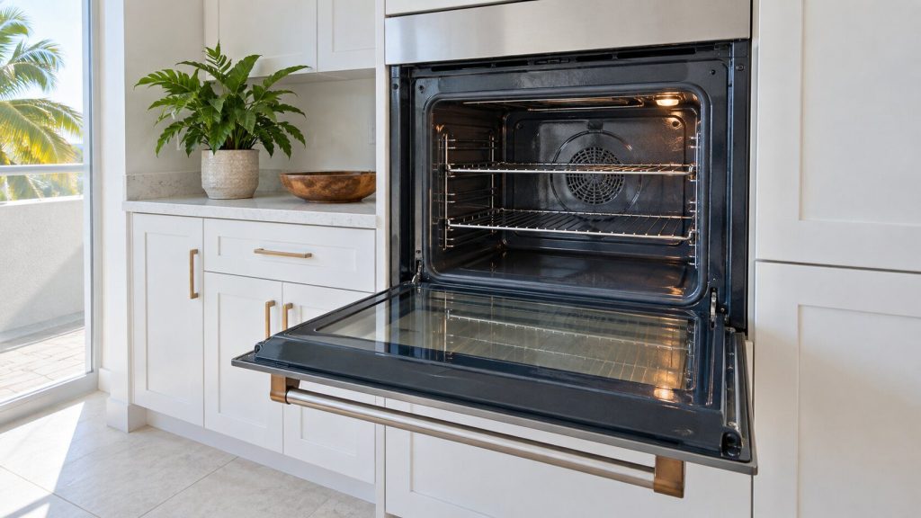 The empty enamel cavity of a wall oven with two racks in place, its door open into a bright kitchen.