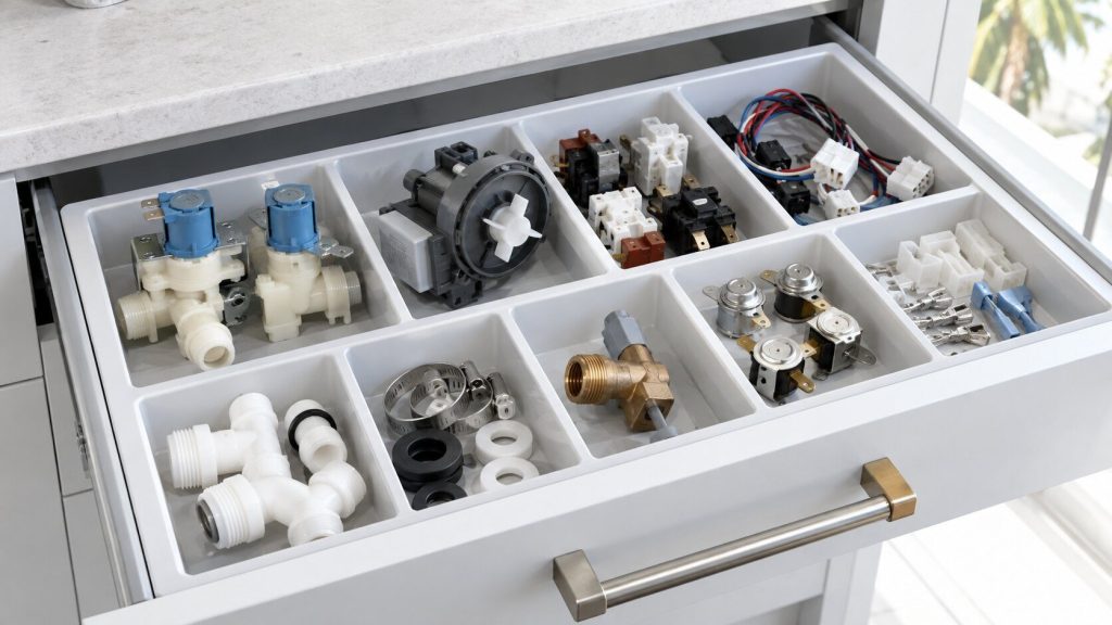 A shallow open parts drawer of small appliance components — valves, switches, a pump — laid in compartments on a bright bench.