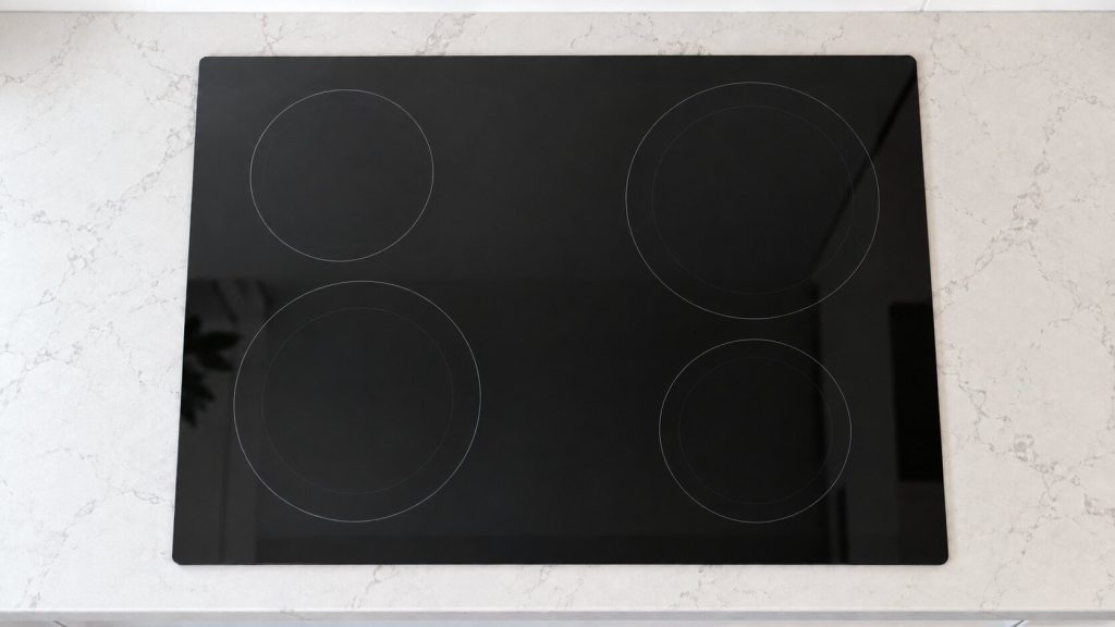 A black ceramic cooktop set in pale quartz photographed straight down, clean and cold, no pans, bright even daylight.