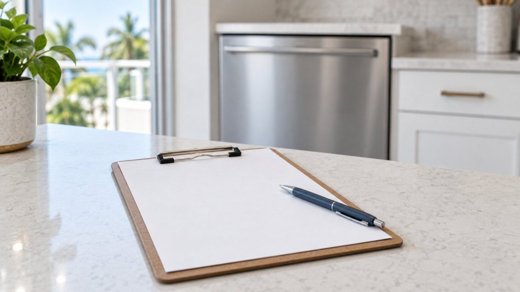 A clipboard with a blank form and a pen resting on a light kitchen counter, a stainless appliance behind out of focus, bright daylight.