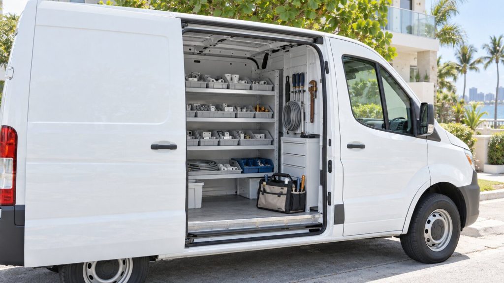 The open side door of a plain white service van at a bright kerb with parts trays and a tool bag visible inside, palms and pale stucco beyond.