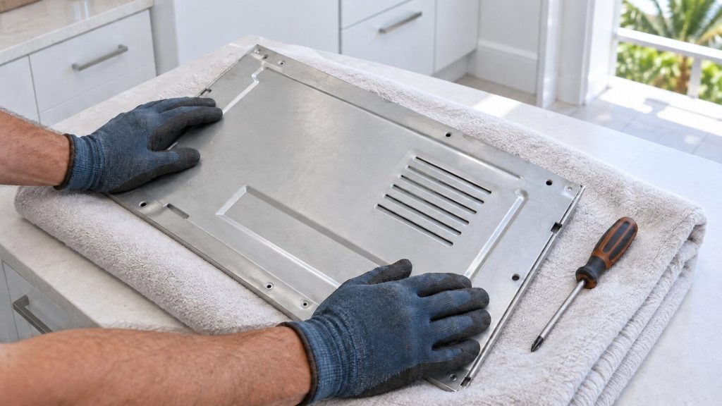 Two gloved hands resting on an appliance service panel laid on a folded blanket, a screwdriver beside them, bright daylight, no face.
