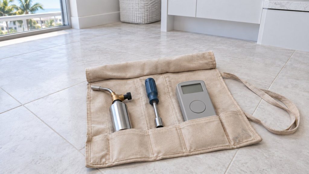 An open canvas tool roll on pale tile in a bright room, a flashlight, a nut driver and a multimeter laid out in it.