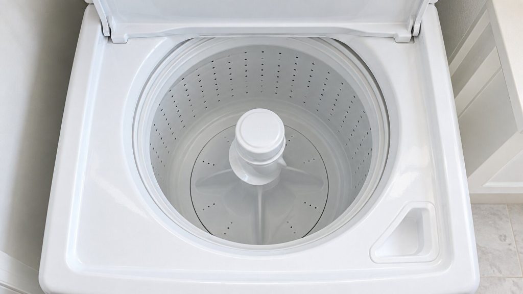 The empty white plastic tub of a top-load washing machine seen straight down through its raised lid, bright daylight.