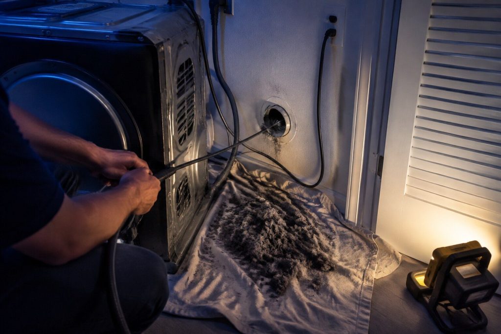A long flexible rod brush fed into the round duct in the wall behind a pulled-out dryer, a heaped mat of grey lint on the dust sheet beneath. The heap is the point.
