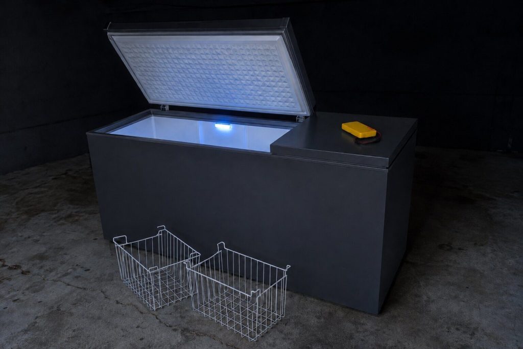 A chest freezer standing in a dark garage with its lid propped fully open, two wire baskets lifted out onto the concrete beside it, a multimeter lying on the closed half of the lid with its face turned away.