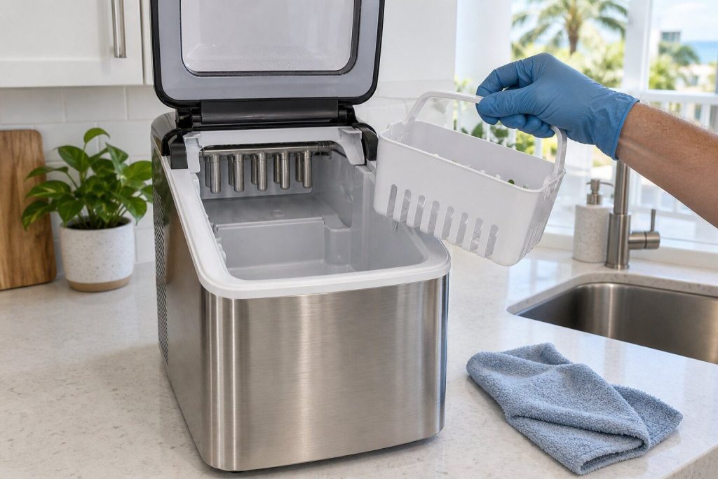 A small stainless countertop ice-making machine on a light counter with its lid open and its water reservoir emptied, a gloved hand lifting the ice basket clear and a soft cloth beside it.