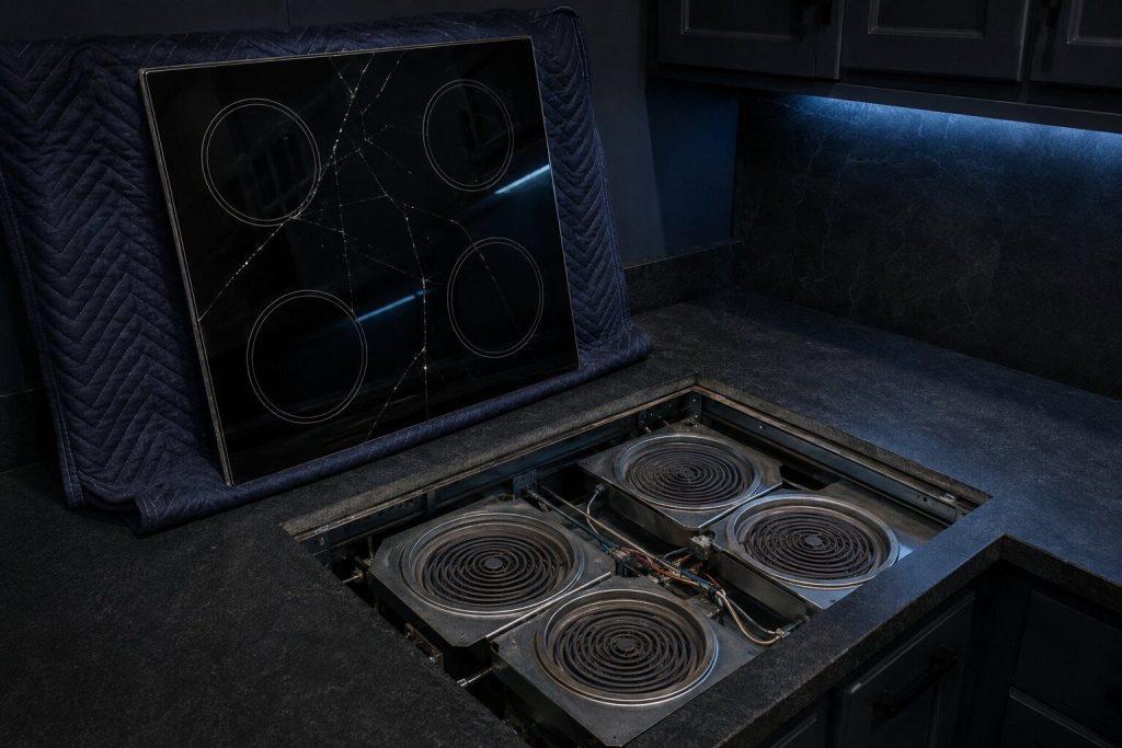 A cracked smooth black ceramic cooking top lifted clear of its counter opening and turned on edge against a padded blanket, the empty frame below showing FLAT RADIANT COIL ELEMENTS in their reflector pans.
