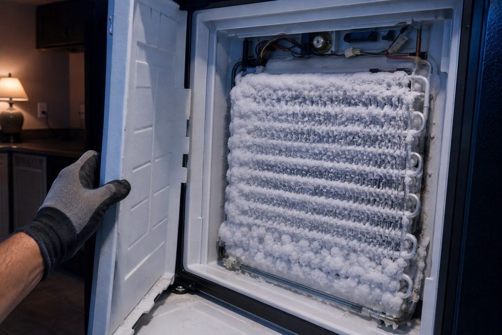 The inner rear panel off to show the evaporator coil packed solid with frost and the glass heater rod along its foot. Both halves of the diagnosis in one frame: the ice, and the part that should have cleared it.