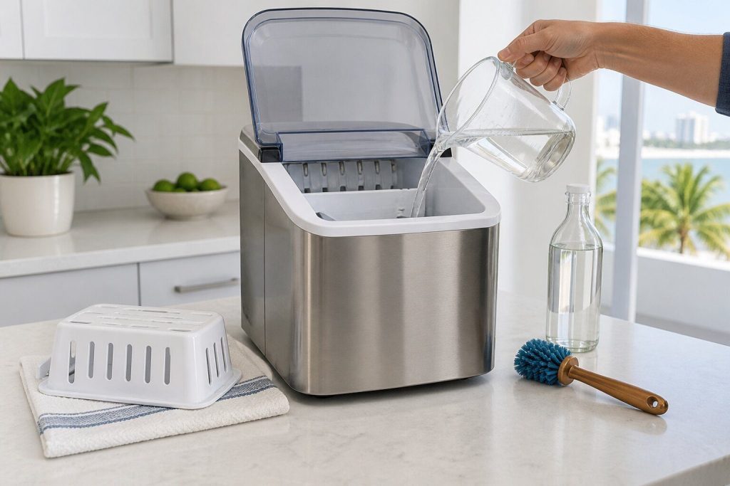 A measuring jug of pale solution being poured into the open reservoir of a small countertop ice machine on a light kitchen counter, a bottle of white vinegar and a soft brush standing beside it, the machine's basket out and drying on a cloth.
