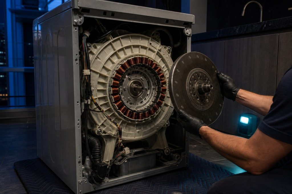A large flat magnet rotor lifted off the back of a washing machine's outer tub ... the ring of stator windings still bolted to the tub behind it.