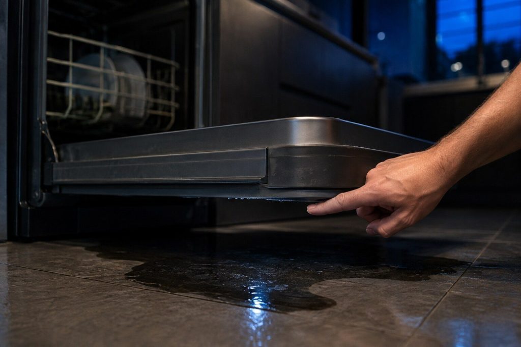 A finger tracing a wet line along the bottom edge of an open dishwasher door where the seal meets the tub, a dark puddle on the tile below.