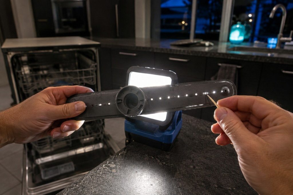 A lower spray arm unclipped from a dishwasher and held up against a work light so the row of small jets shows as points of light, a toothpick clearing one of them.