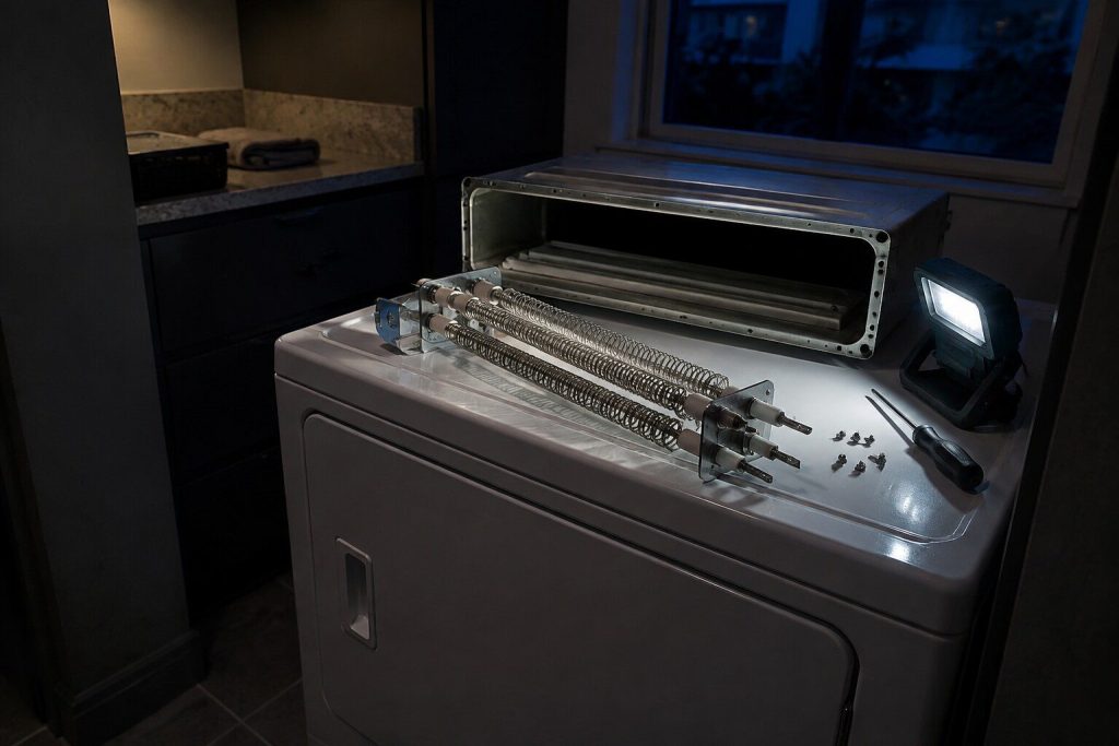 A coiled dryer heating element drawn out of its sheet metal housing and laid across the top of the machine, the empty housing dark behind.