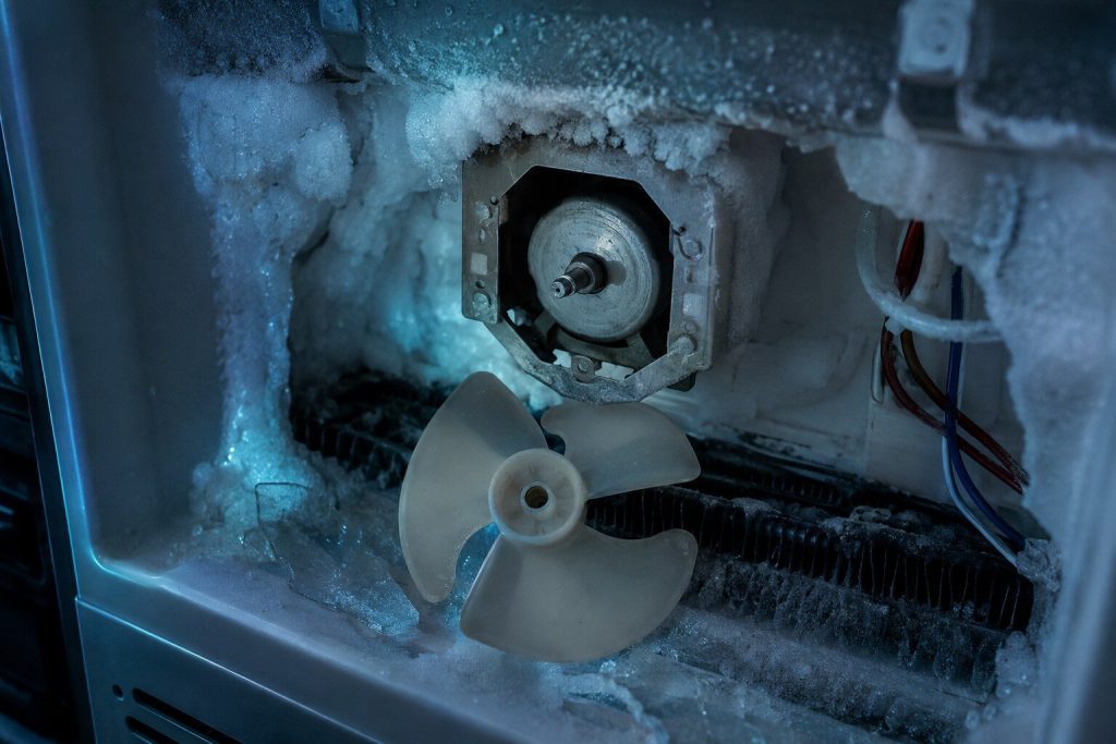 A small plastic fan blade lifted off its motor shaft inside an opened freezer back panel, the motor still in its bracket behind, ice around the housing.