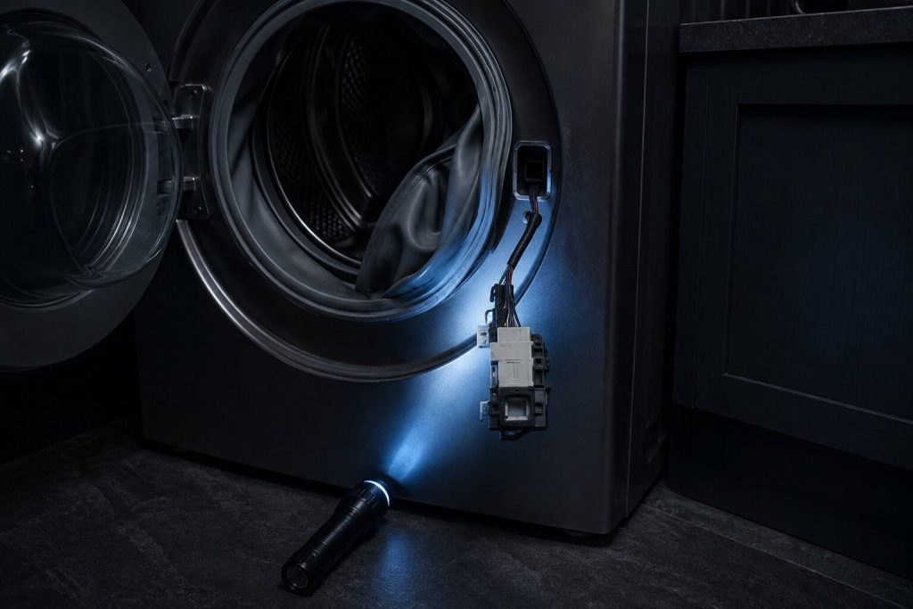 The door lock unit of a front-load washing machine drawn out of its cutout in the front panel and hanging on its wiring loom, the rubber boot folded aside, a torch on the floor lighting the opening from below.