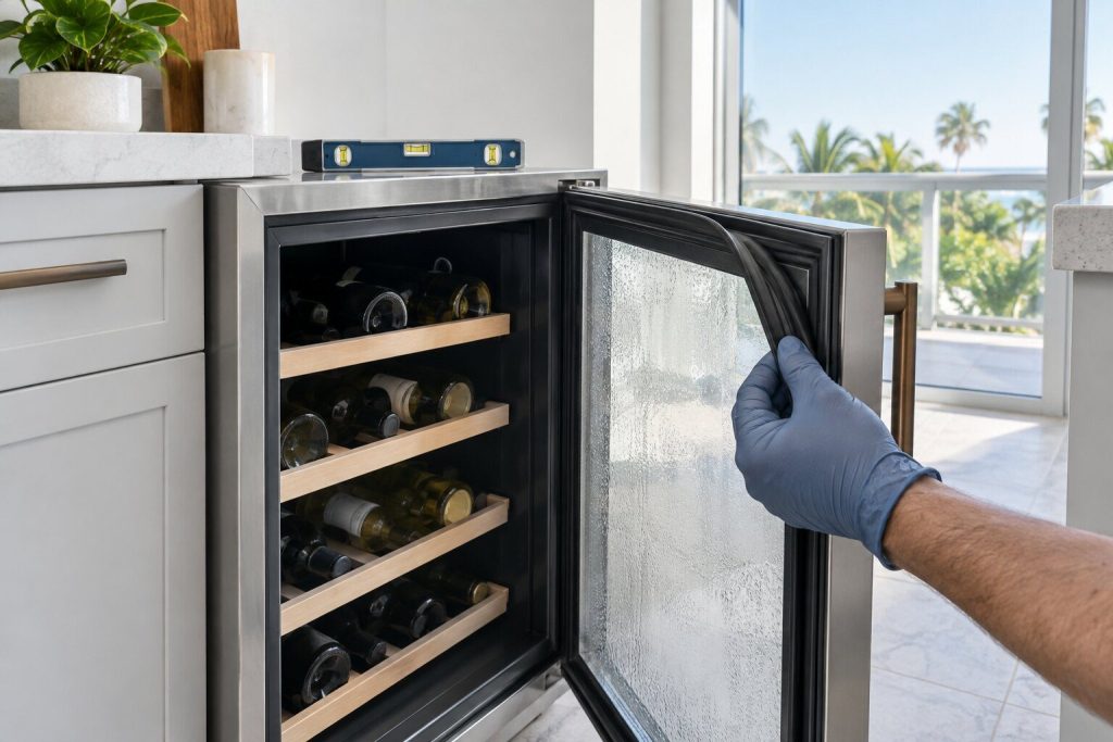 A gloved hand peeling the black rubber gasket back from the frame of a glass beverage-cooler door standing open, condensation fogging the inside of the pane, a small spirit level lying across the cabinet top.