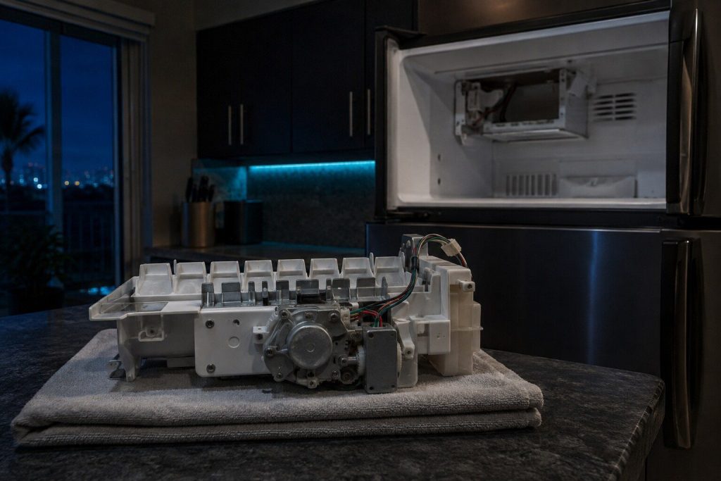 An ice maker module lifted out and set on a folded towel, its harvest arm and gearbox to the camera, the empty bracket behind. This make publishes no condition for an ice maker at all, so the module itself is the only honest subject.