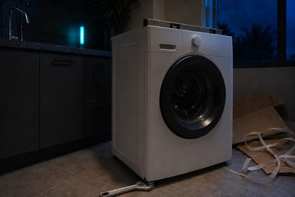 A wrench on the adjustable foot of a newly delivered washing machine with a spirit level lying on top of the cabinet, cardboard and packing strapping pushed to one side.