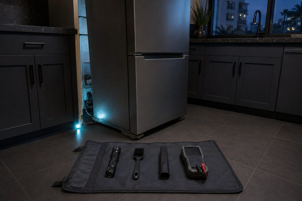 A rolled tool mat opened on a dark tile floor in front of a refrigerator pulled out from the wall, a torch, a brush, a vacuum crevice tool and a meter laid out on it in a row.