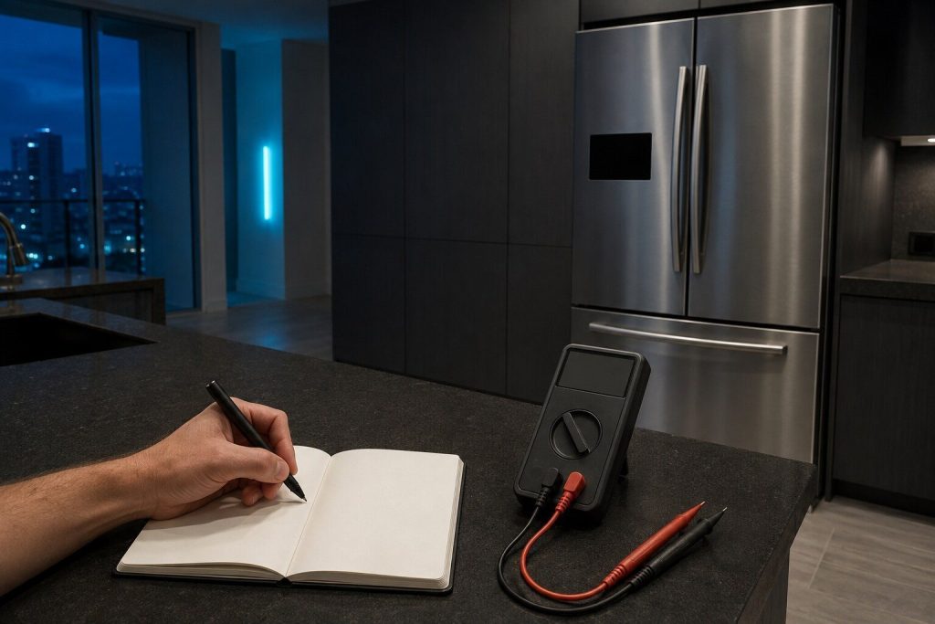 A multimeter and a small open notebook with a pen lying on a dark quartz counter beside an appliance whose panel is dark, a hand writing.