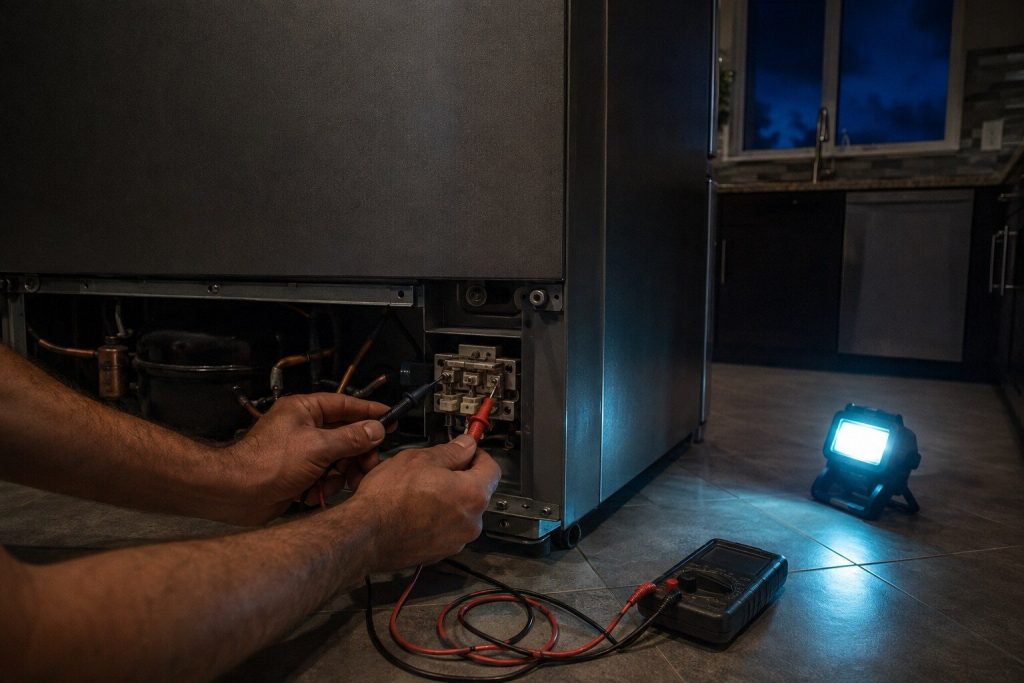 Meter probes on a terminal block behind the lower rear panel of a refrigerator pulled out from the wall. This make publishes no code for a warm cabinet, so the page is a measurement and so is the photograph.