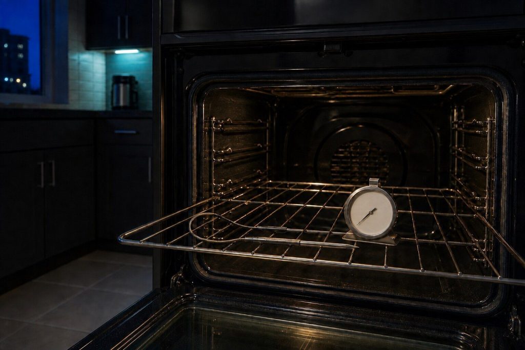 A slim oven temperature probe unclipped from the cavity wall and laid alongside a dial oven thermometer on the middle rack, the door open. The probe against an independent measurement, which is exactly how this service is proved.