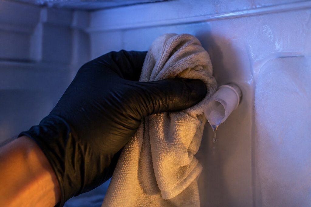 A gloved hand holding a warm cloth around the small white fill tube at the back of a freezer wall, a plug of ice half melted at its mouth.