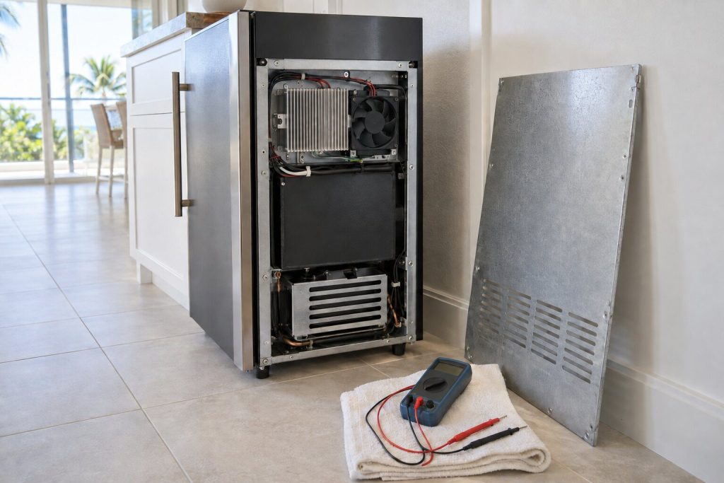 The rear panel of a narrow freestanding beverage cooler removed and leaning against a wall, showing a small finned heat sink and a fan behind it, a multimeter lying on a folded towel on the pale tile floor beside the cabinet.