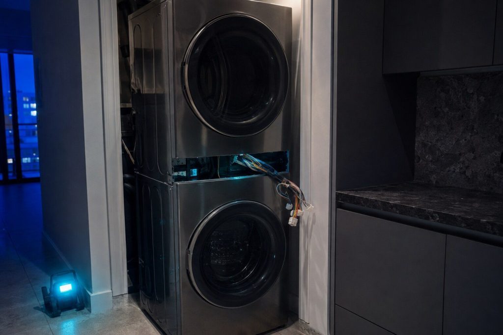 A tall one-piece stacked laundry unit pulled forward from its closet with its central control panel band removed and a loom of wiring drawn out of the gap.
