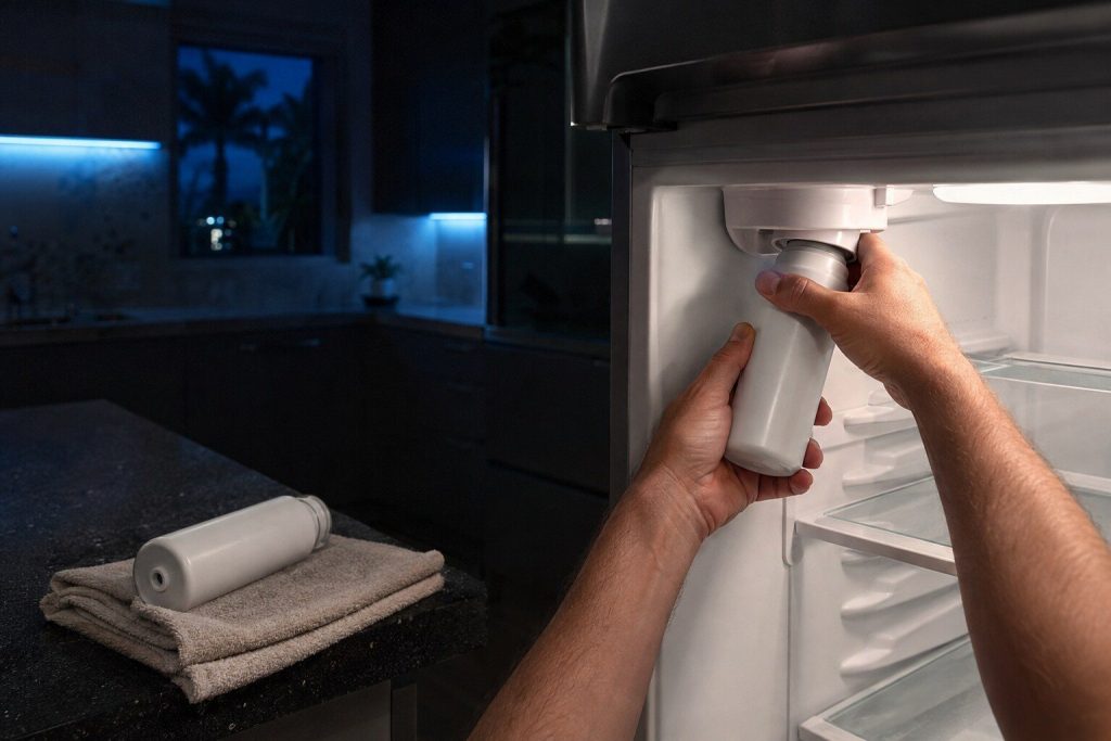 Two hands turning a cylindrical water filter cartridge into its housing inside the top of a refrigerator compartment, the old cartridge lying on a towel on the counter below.