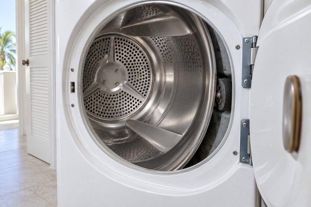 The open door of a white vented dryer showing the empty stainless drum and, through the gap at its edge, one of the black support rollers behind it worn flat on one side.