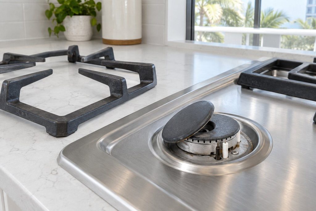 One burner of a stainless gas cooktop with its cast grate lifted off and set beside it, the burner cap sitting visibly askew on the burner head and no flame anywhere.