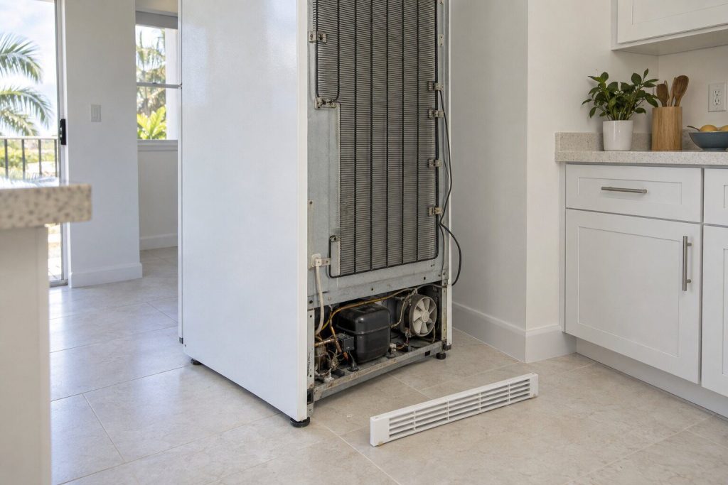 A white refrigerator pulled a foot out from a light kitchen wall at night-free daylight, the base grille off and the compressor and fan visible low at the back, a pale tile floor.