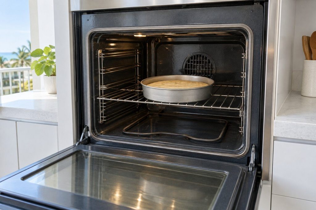 A wall oven door open onto a cavity holding a pale, flat, plainly underbaked cake in a tin on the middle rack, the bake element in the floor of the oven dark and cold.