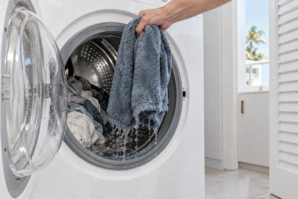 A heavy soaking towel being lifted out of a white washing machine drum, water running off it back into the tub, the rest of the load piled to one side of the drum.